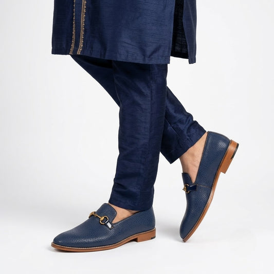 Navy Blue Spidy Antique Buckle Wedding Ethnic Shoes Party Loafers for Men