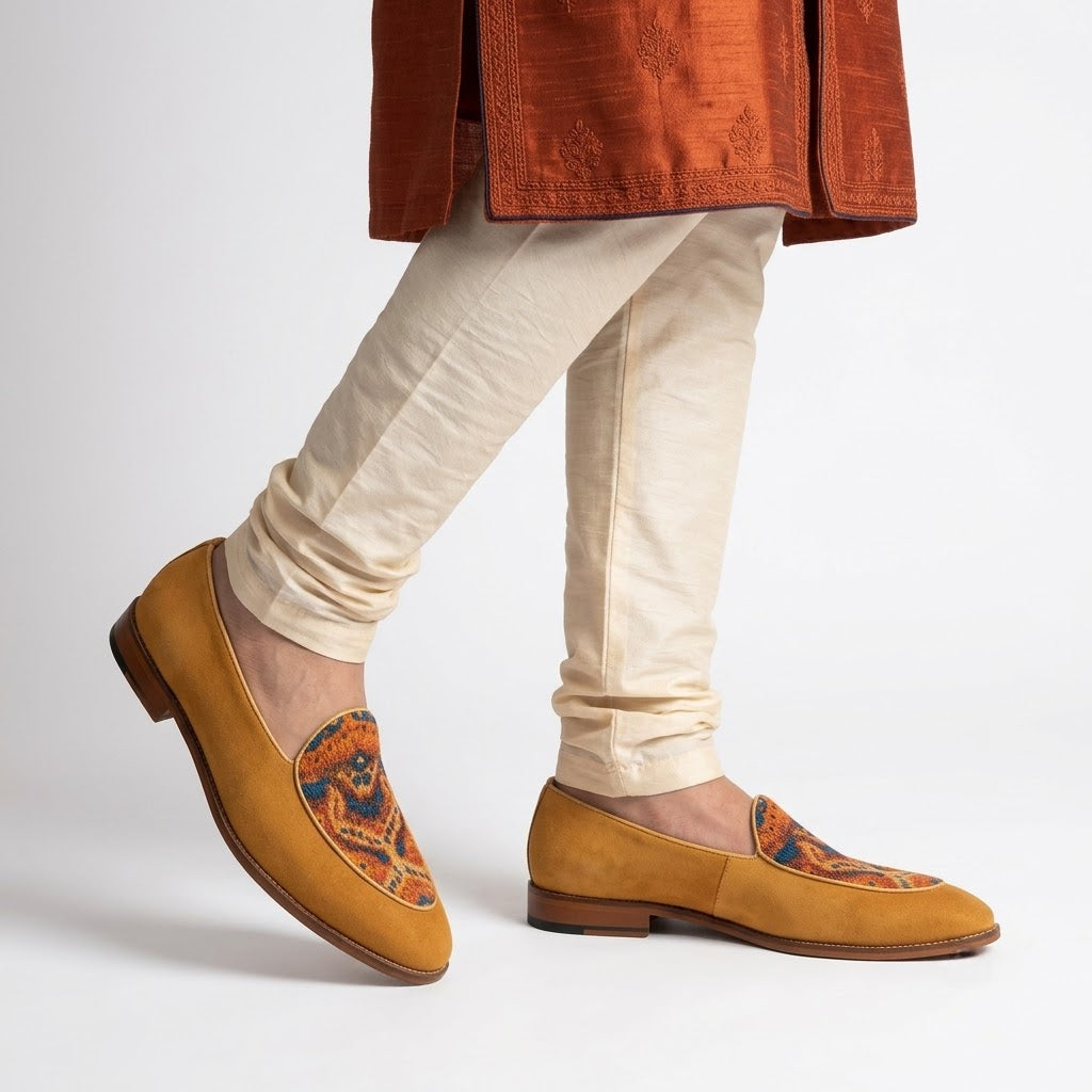 Tan Rust Digital Print Wedding Ethnic Party Shoes Loafer for Men