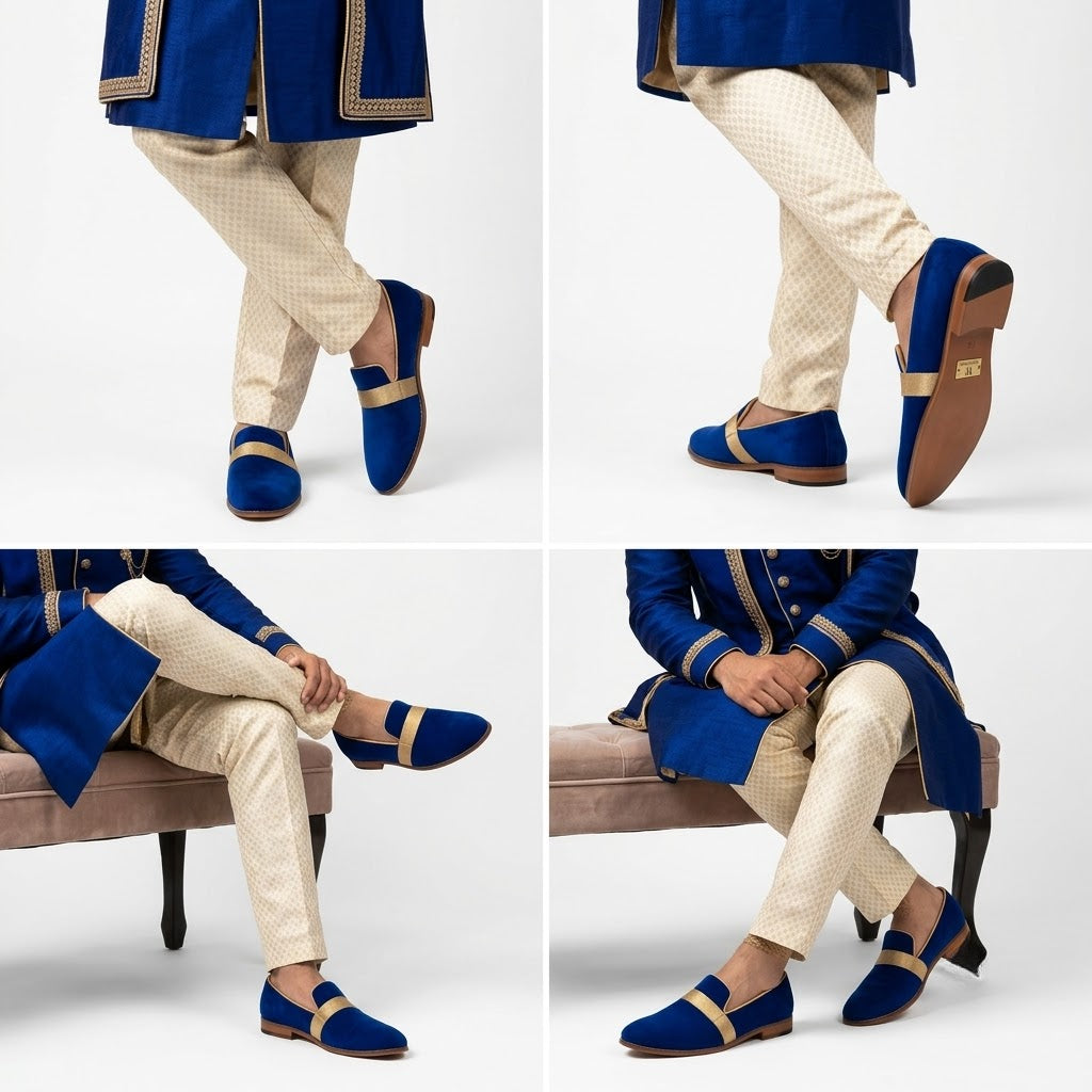 Navy Blue Velvet Hugo Strap Wedding Ethnic Shoes Party Loafers for Men