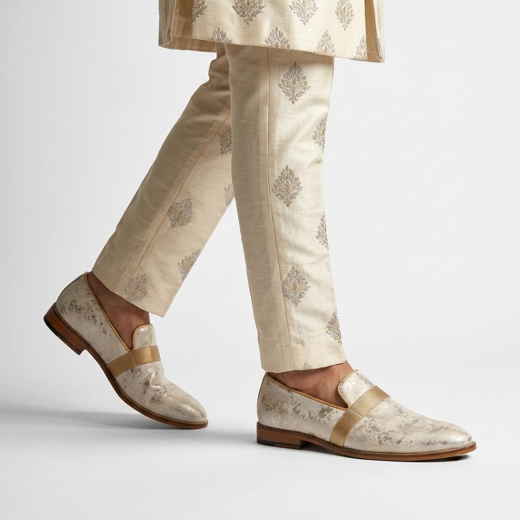 Ivory Golden Foil Hugo Strap Wedding Shoes Ethnic Slipon Loafer for Men