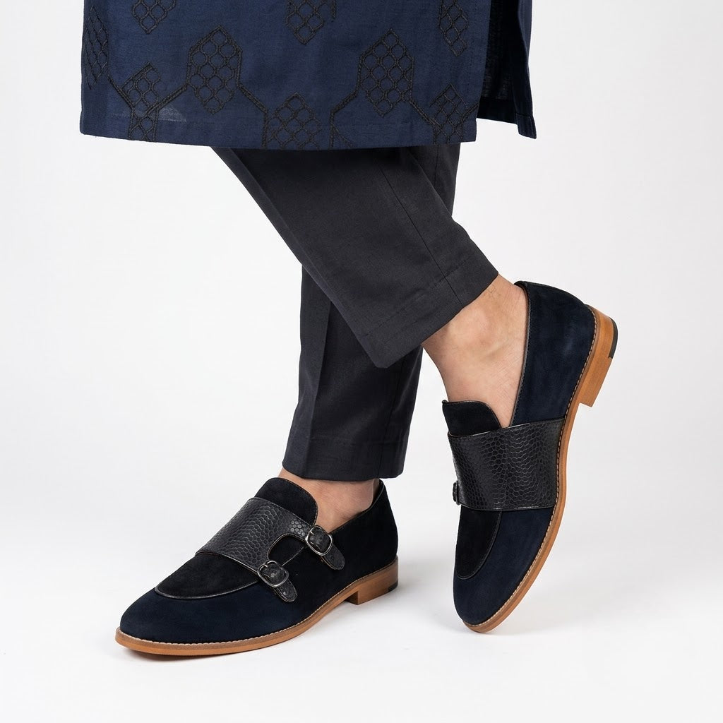 Black Velvet Spidy Double Monk Strap for Men