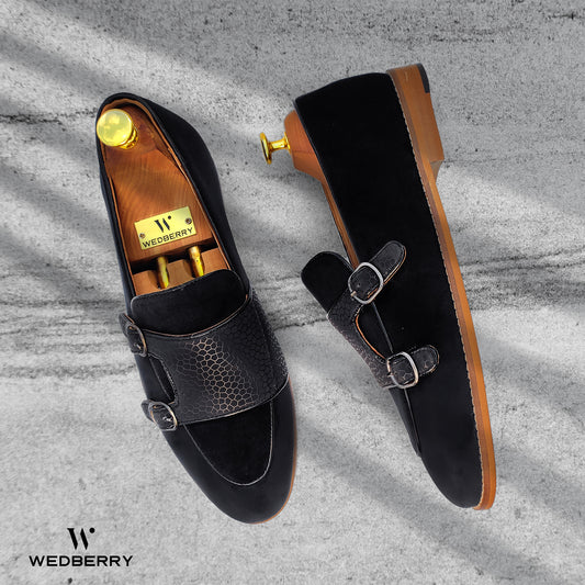 Black Velvet Spidy Double Monk Strap for Men