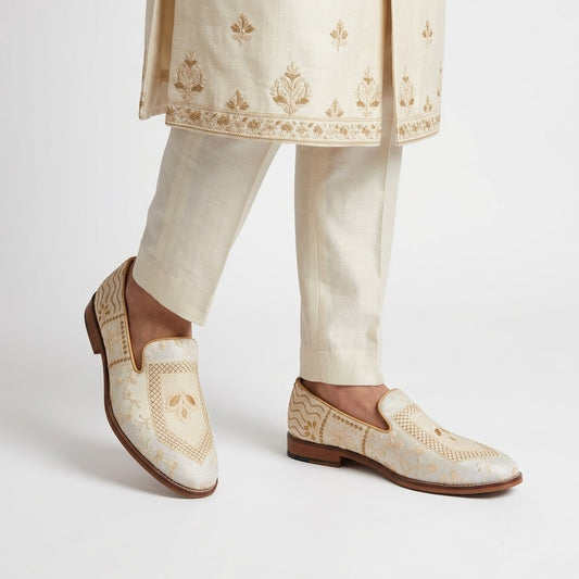 White Gold Embroidery Wedding Ethnic Loafer Mojari Slipon for Men