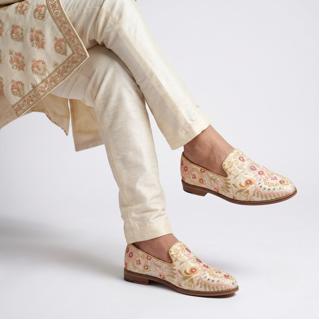 Ivory Pink Wedding Ethnic Shoes Loafer Slipon for Men