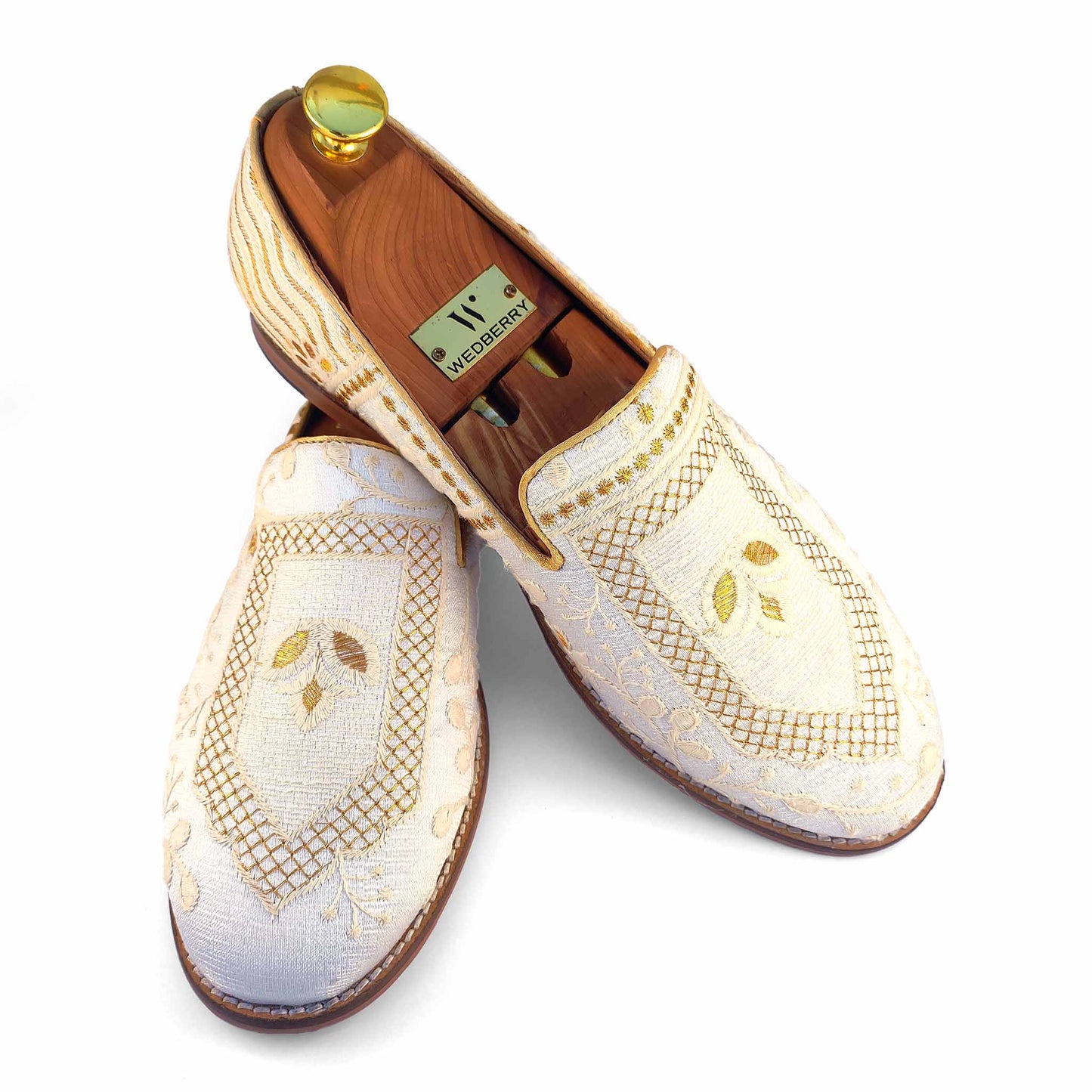 White Gold Embroidery Wedding Ethnic Loafer Mojari Slipon for Men