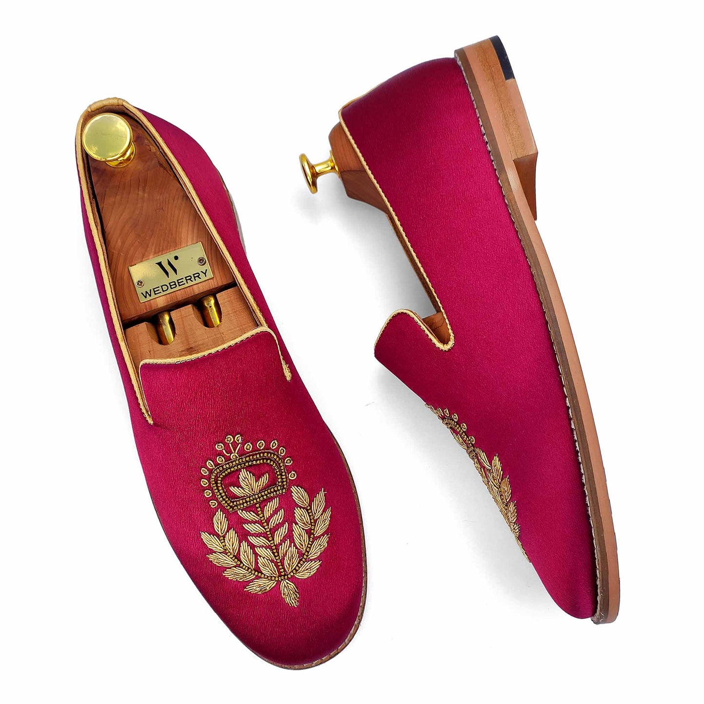 Maroon Golden Zardozi Handwork Wedding Ethnic Shoes Loafers for Men