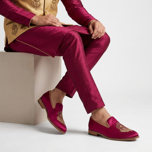 Maroon Golden Zardozi Handwork Wedding Ethnic Shoes Loafers for Men