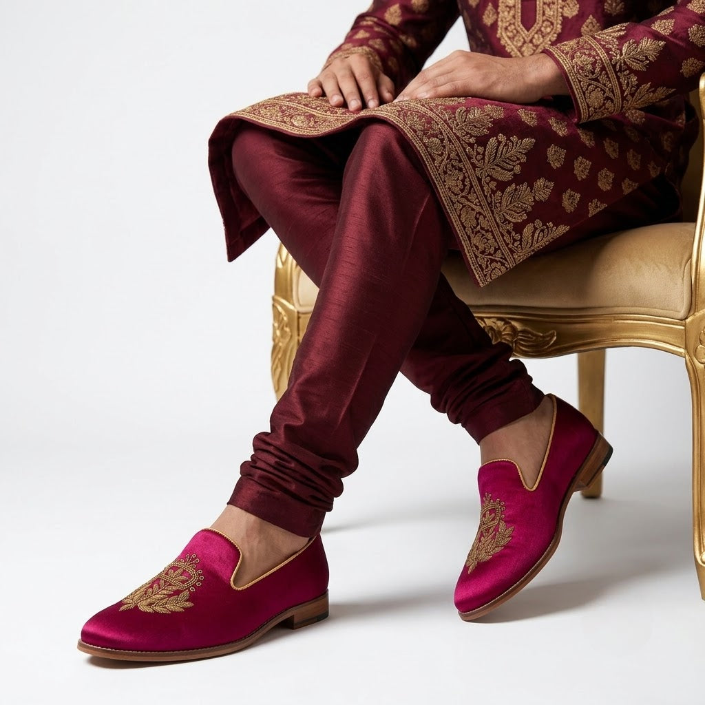 Maroon Antique Gold Zardozi Handwork Wedding Ethnic Shoes Loafers for Men