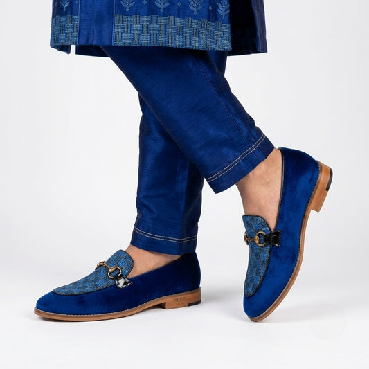 Blue Velvet Jute Checks Hugo Buckle Party Ethnic Loafer Slipon for Men