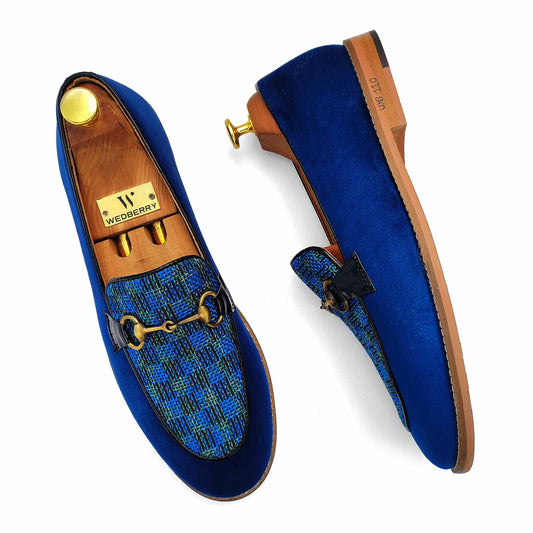 Blue Velvet Jute Checks Hugo Buckle Party Ethnic Loafer Slipon for Men