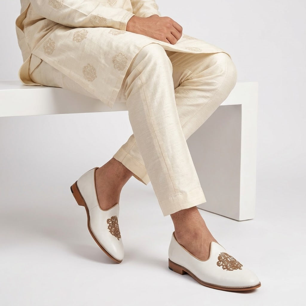 White Zardozi Handwork Wedding Ethnic Party Shoes Loafer for Men