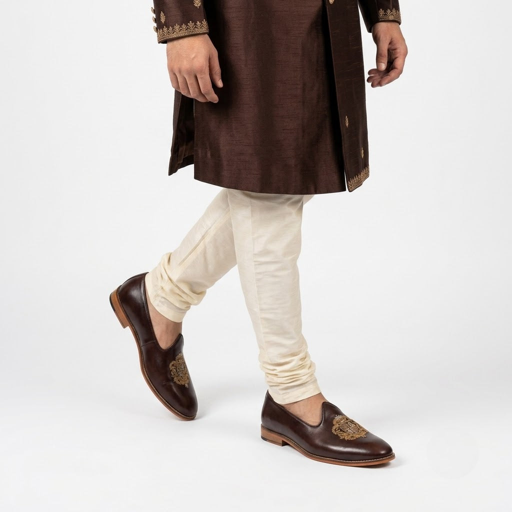 Brown Zardozi Handwork Nagra Slipon Mojri for Men