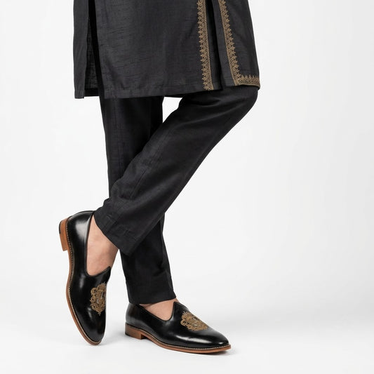 Black Zardozi Handwork Nagra Slipon Mojri for Men