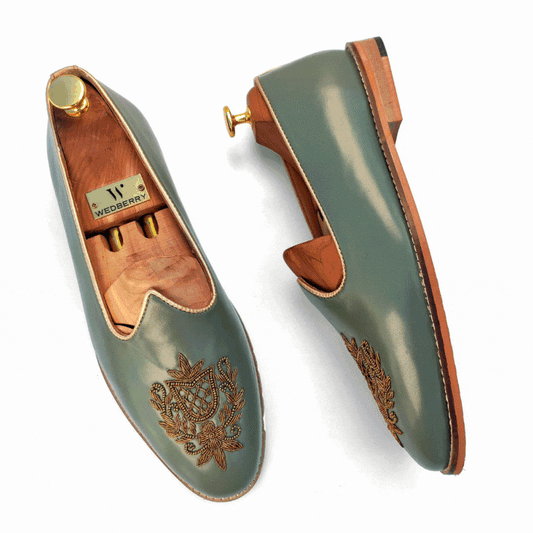 Russian Green Zardozi Handwork Wedding Ethnic Shoes Loafer for Men
