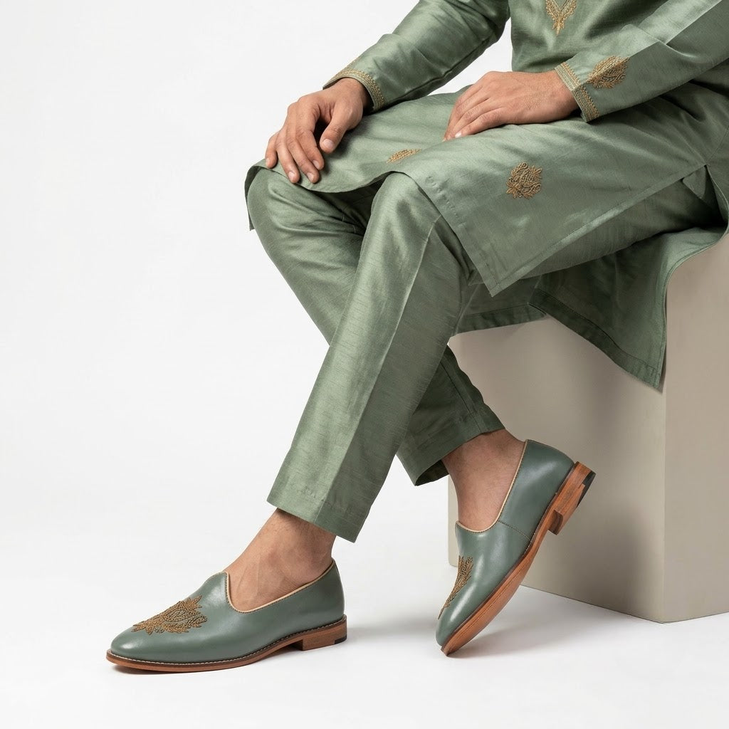 Russian Green Zardozi Handwork Wedding Ethnic Shoes Loafer for Men