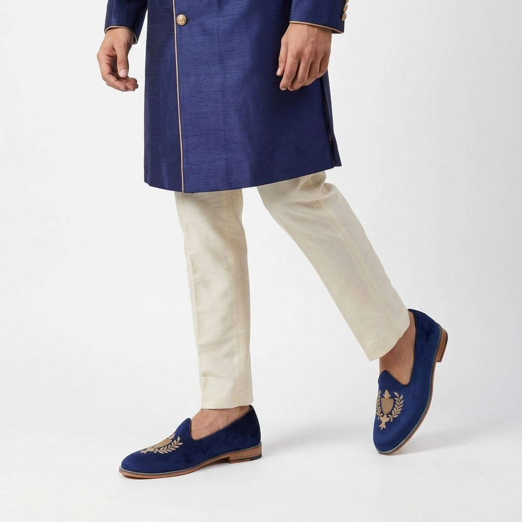 Navy Blue Zardozi Handwork Wedding Ethnic Shoes Party Loafers for Men