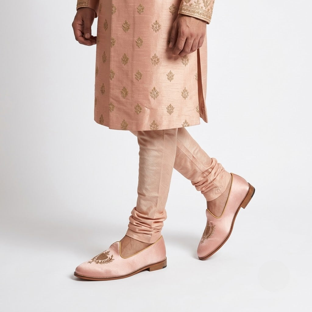 Light Pink Satin Zardozi Handwork Wedding Shoes Ethnic Loafers for Men