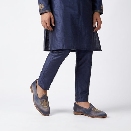 Grey Satin Zardozi Handwork Wedding Shoes Ethnic Loafers Nagra Slipon Mojri for Men