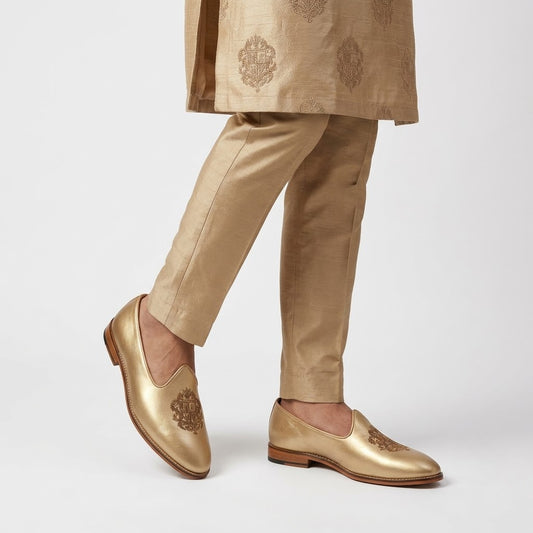 Light Gold Zardozi Handwork Wedding Shoes Ethnic Loafers Mojri for Men