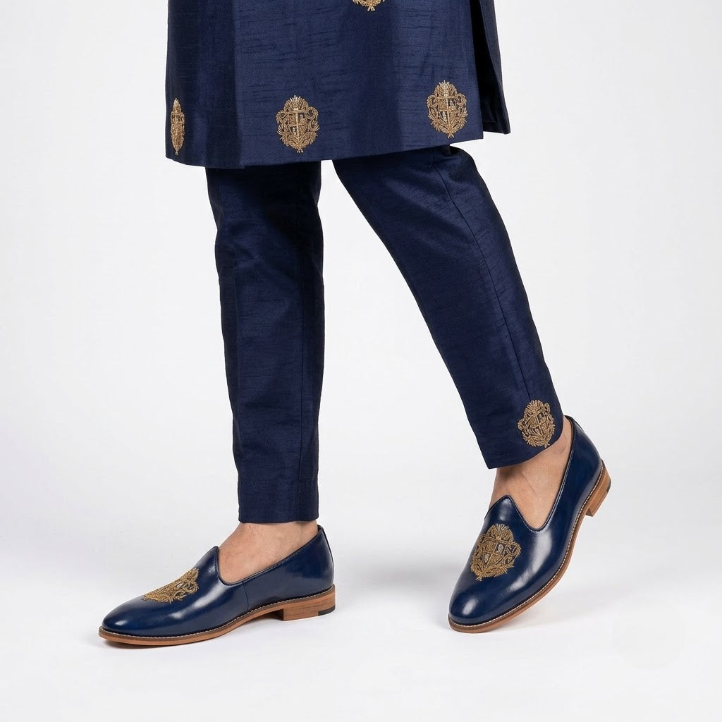 Navy blue Zardozi Handwork Wedding Ethnic Shoes Party Loafers for Men