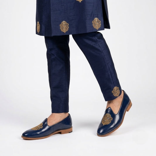 Navy blue Zardozi Handwork Wedding Ethnic Shoes Party Loafers for Men