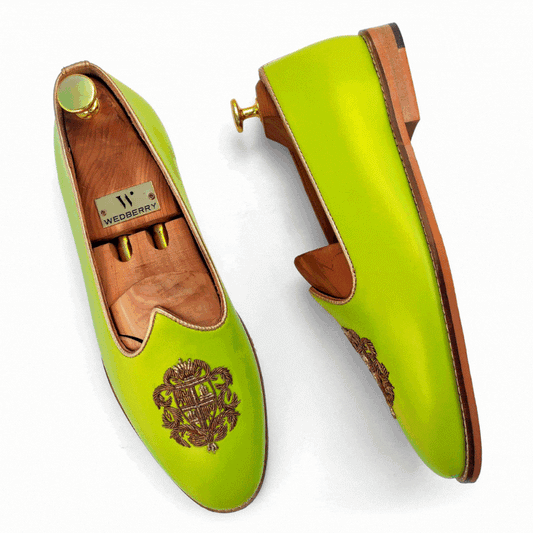Neon Green Zardozi Handwork Wedding Ethnic Shoes Party Loafers for Men