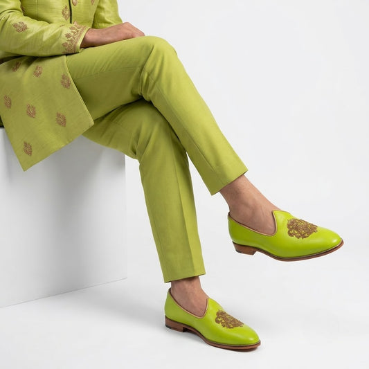 Neon Green Zardozi Handwork Wedding Ethnic Shoes Party Loafers for Men