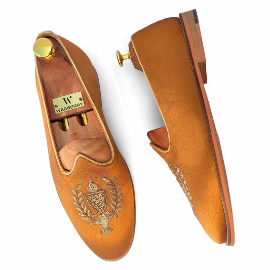 Copper Gold Satin Zardozi Handwork Nagra Slipon Mojri for Men