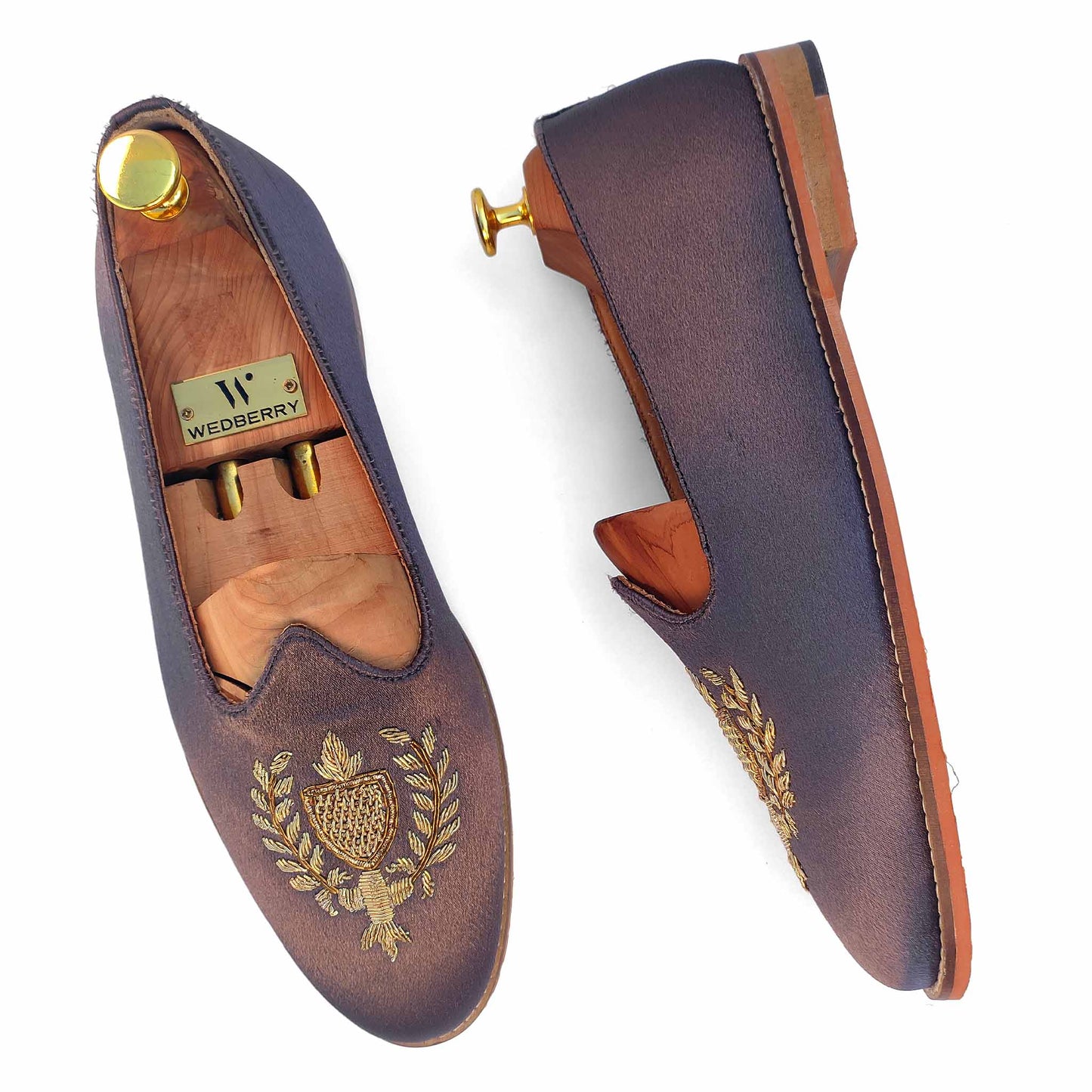 Grey Satin Zardozi Handwork Wedding Shoes Ethnic Loafers Nagra Slipon Mojri for Men