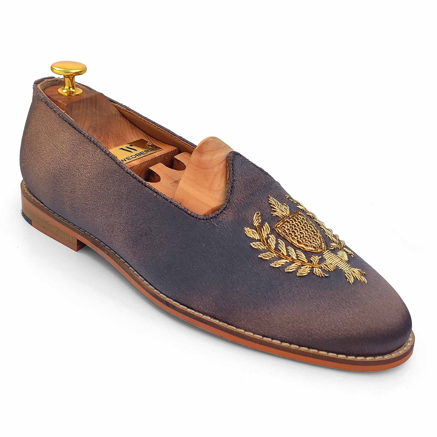 Grey Satin Zardozi Handwork Wedding Shoes Ethnic Loafers Nagra Slipon Mojri for Men