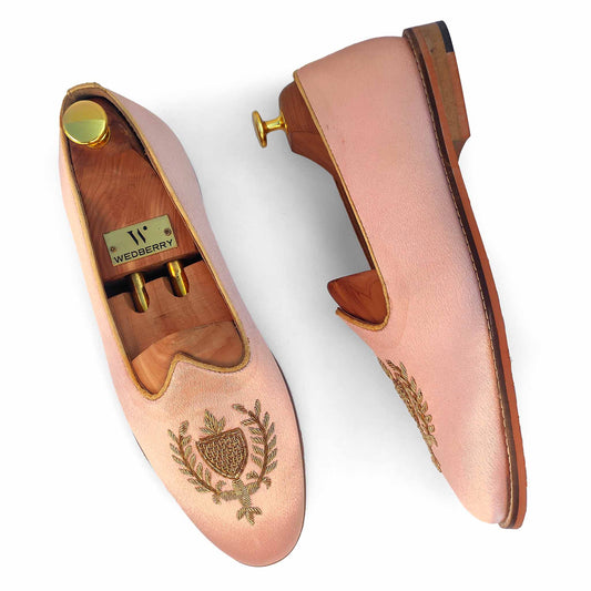 Light Pink Satin Zardozi Handwork Wedding Shoes Ethnic Loafers for Men