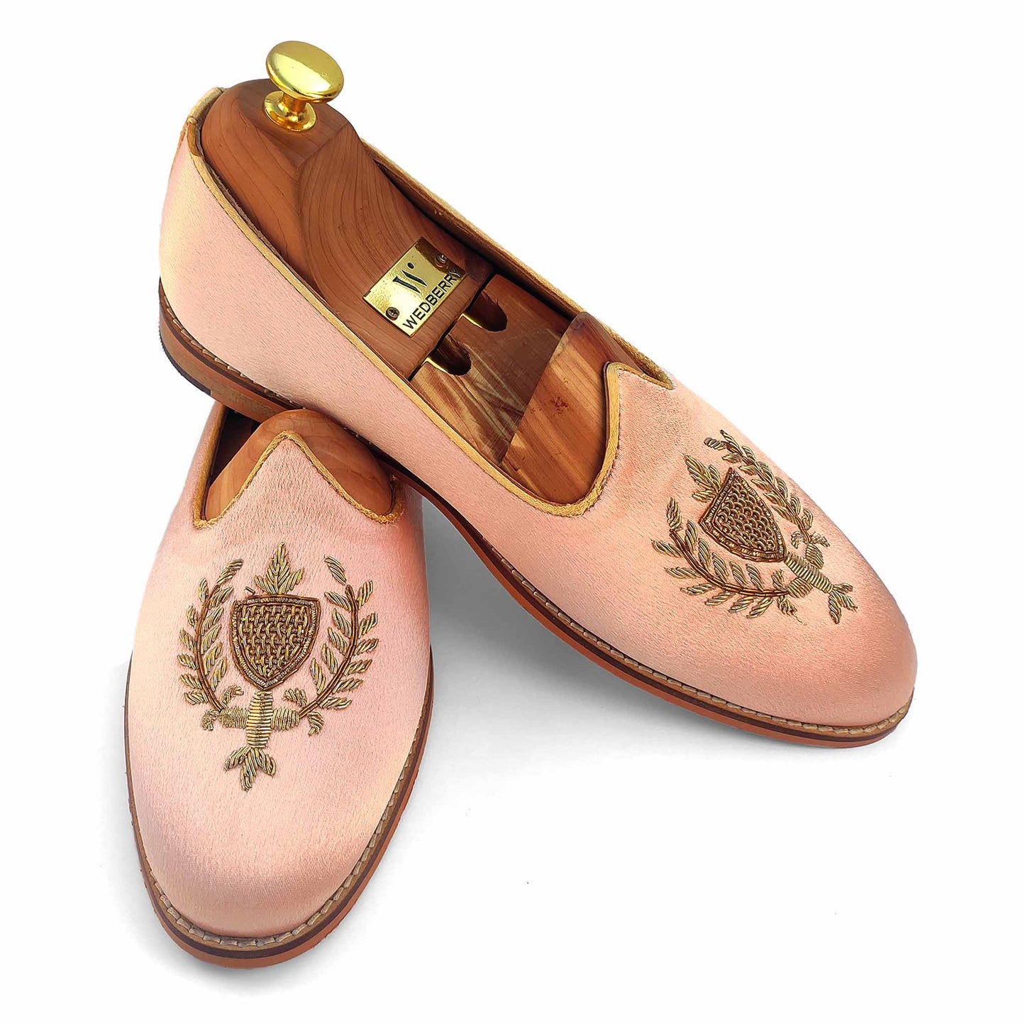Light Pink Satin Zardozi Handwork Wedding Shoes Ethnic Loafers for Men
