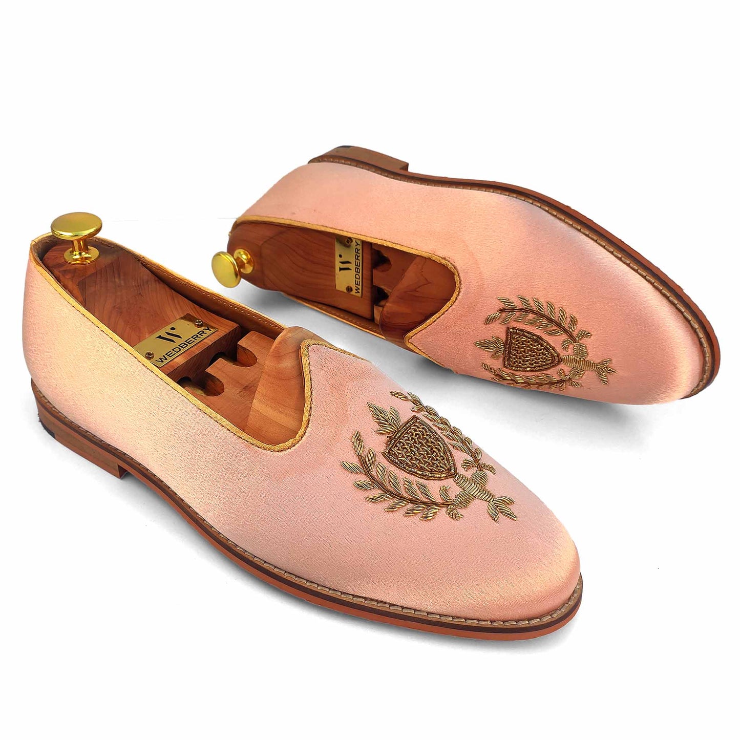 Light Pink Satin Zardozi Handwork Wedding Shoes Ethnic Loafers for Men