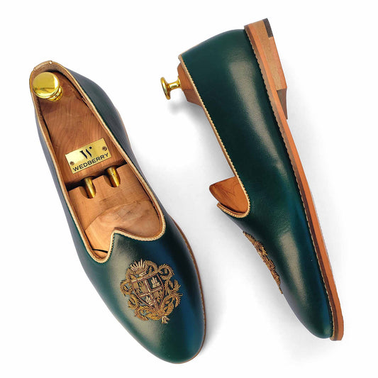 Forest Green Zardozi Handwork Nagra Slipon Mojri for Men