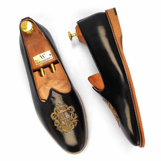 Black Zardozi Handwork Nagra Slipon Mojri for Men