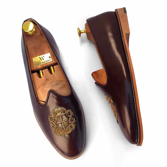 Brown Zardozi Handwork Nagra Slipon Mojri for Men