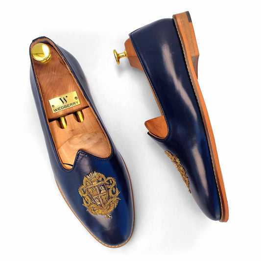 Navy blue Zardozi Handwork Wedding Ethnic Shoes Party Loafers for Men