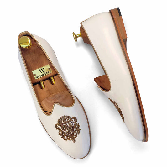 White Zardozi Handwork Wedding Ethnic Party Shoes Loafer for Men