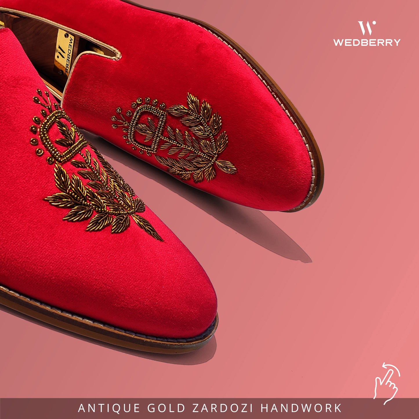 Red Velvet Antique Gold Zardozi Handwork Wedding Ethnic Shoes Loafer for Men