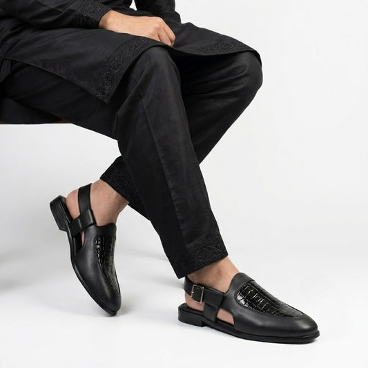 Jaipur Black Croco Apron Sandals