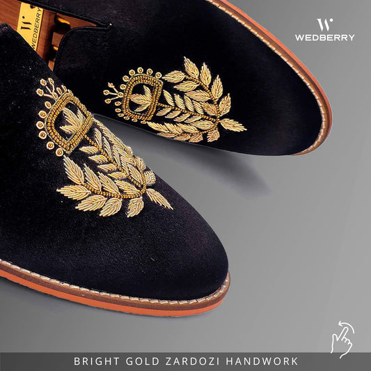 Black Satin Silk with Golden Zardozi Handwork Loafers for Men