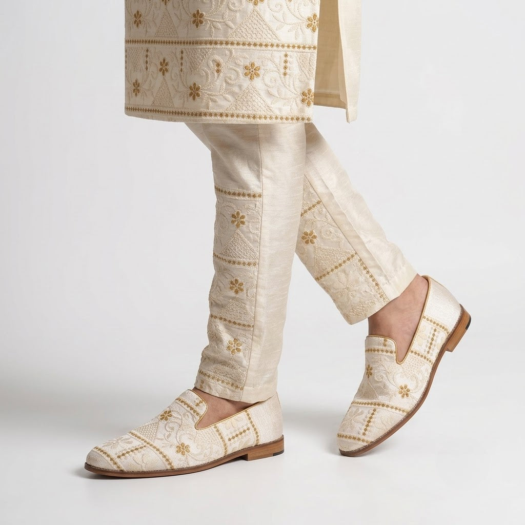 Ivory Golden Embroidery Loafer Mojari Slipon for Men