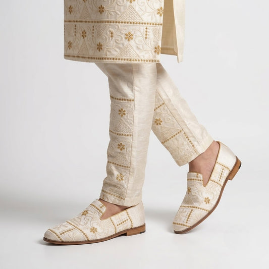 Ivory Golden Embroidery Loafer Mojari Slipon for Men