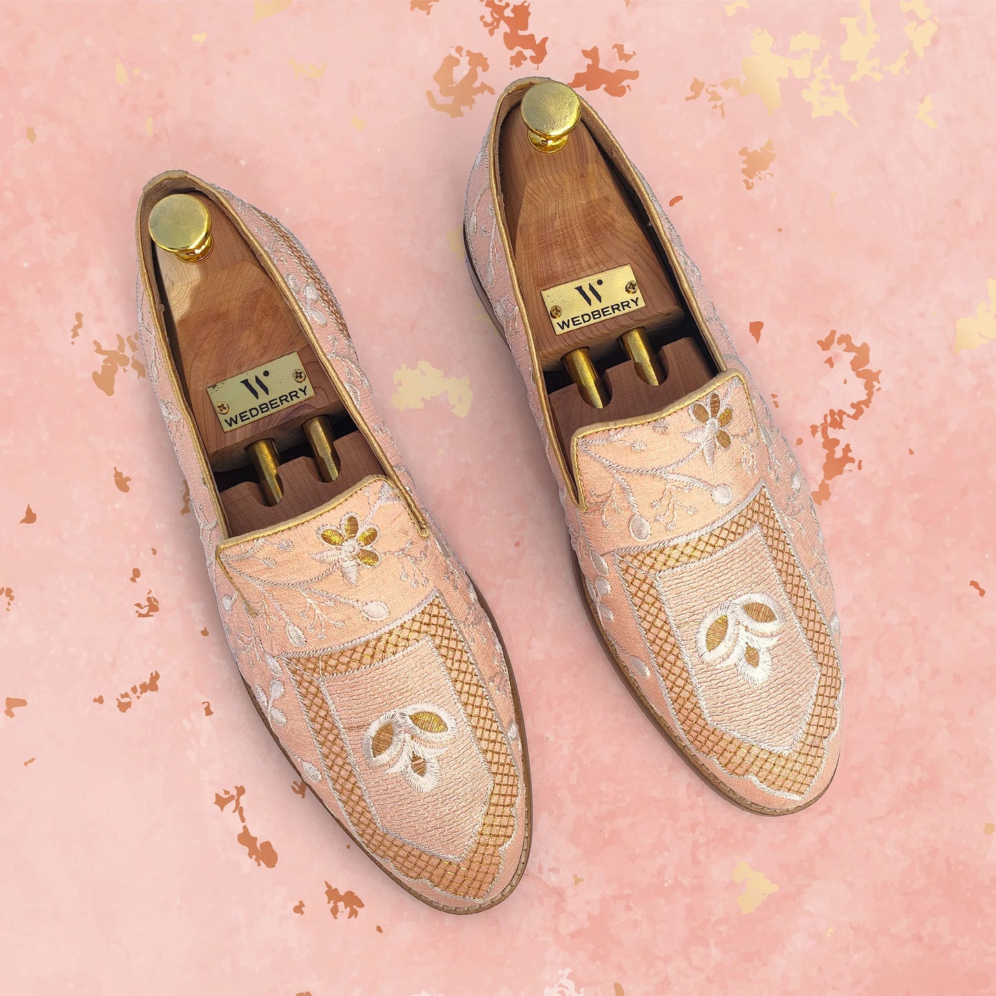 Peach and White Embroidery Ethnic Wedding Loafer Nagra Mojri for Men