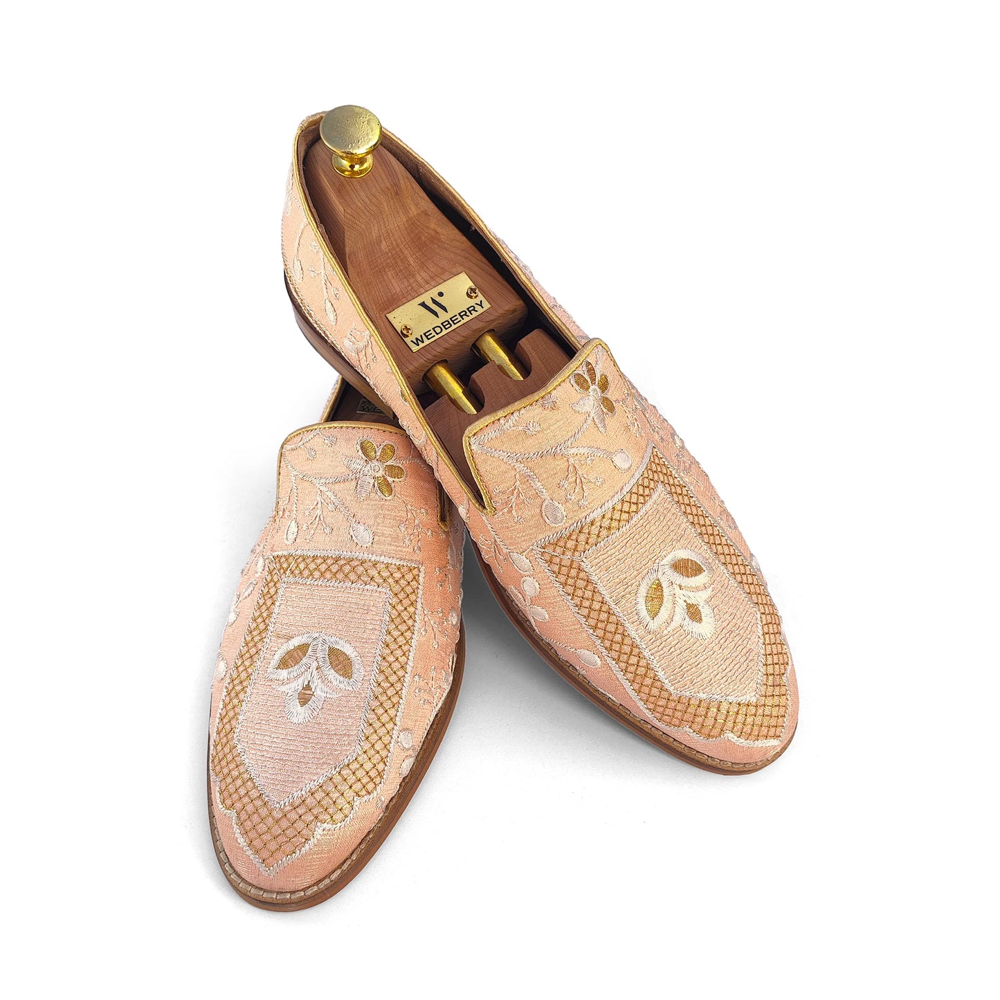 Peach and White Embroidery Ethnic Wedding Loafer Nagra Mojri for Men