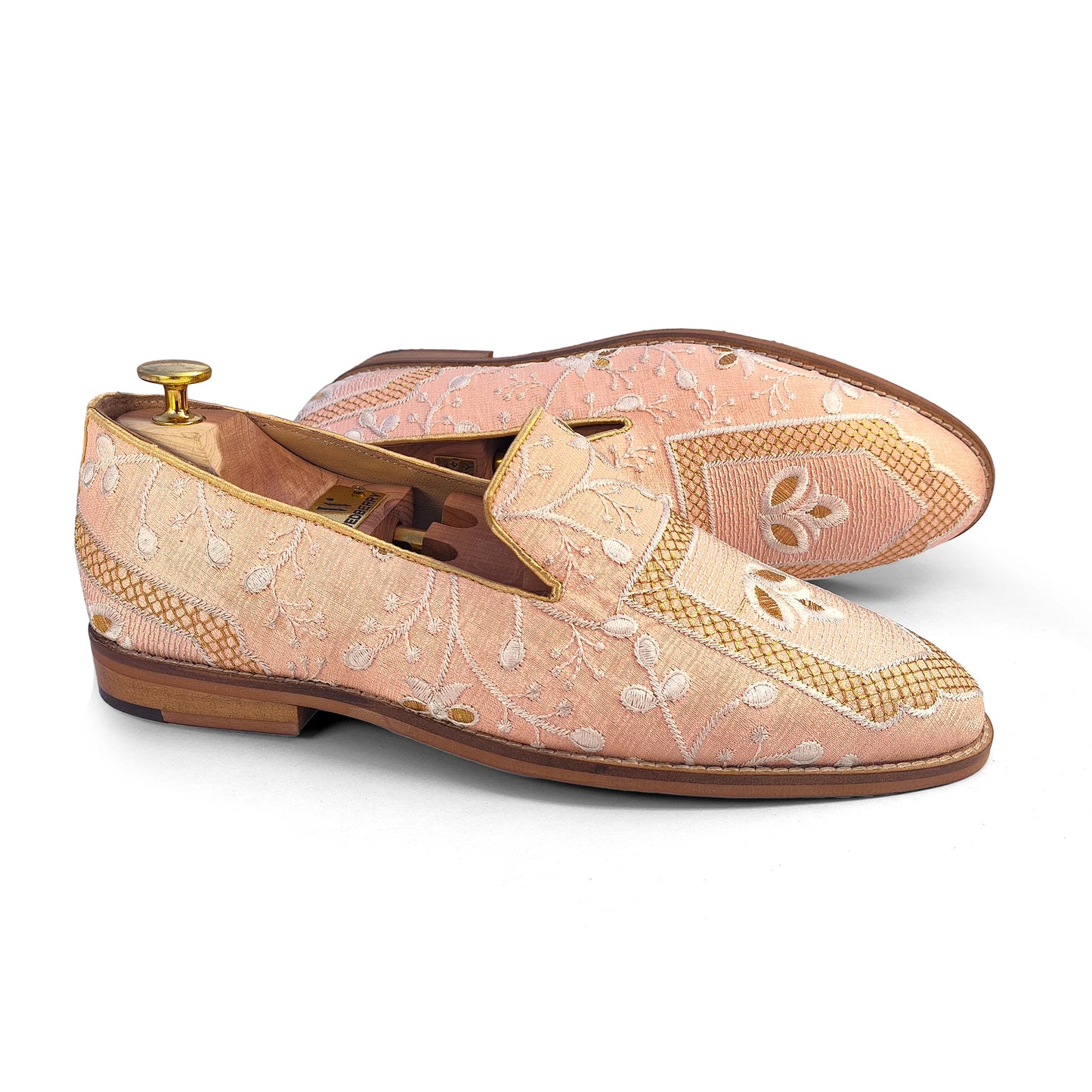 Peach and White Embroidery Ethnic Wedding Loafer Nagra Mojri for Men