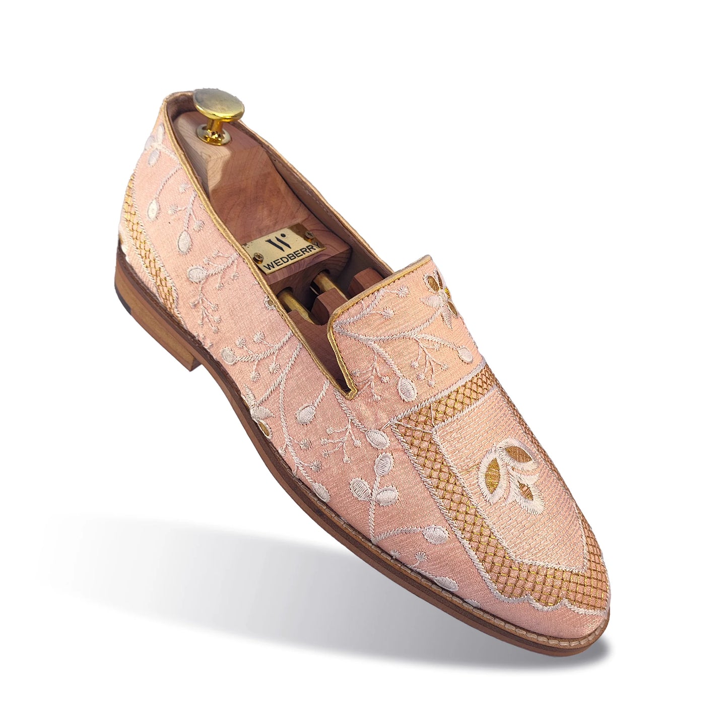 Peach and White Embroidery Ethnic Wedding Loafer Nagra Mojri for Men