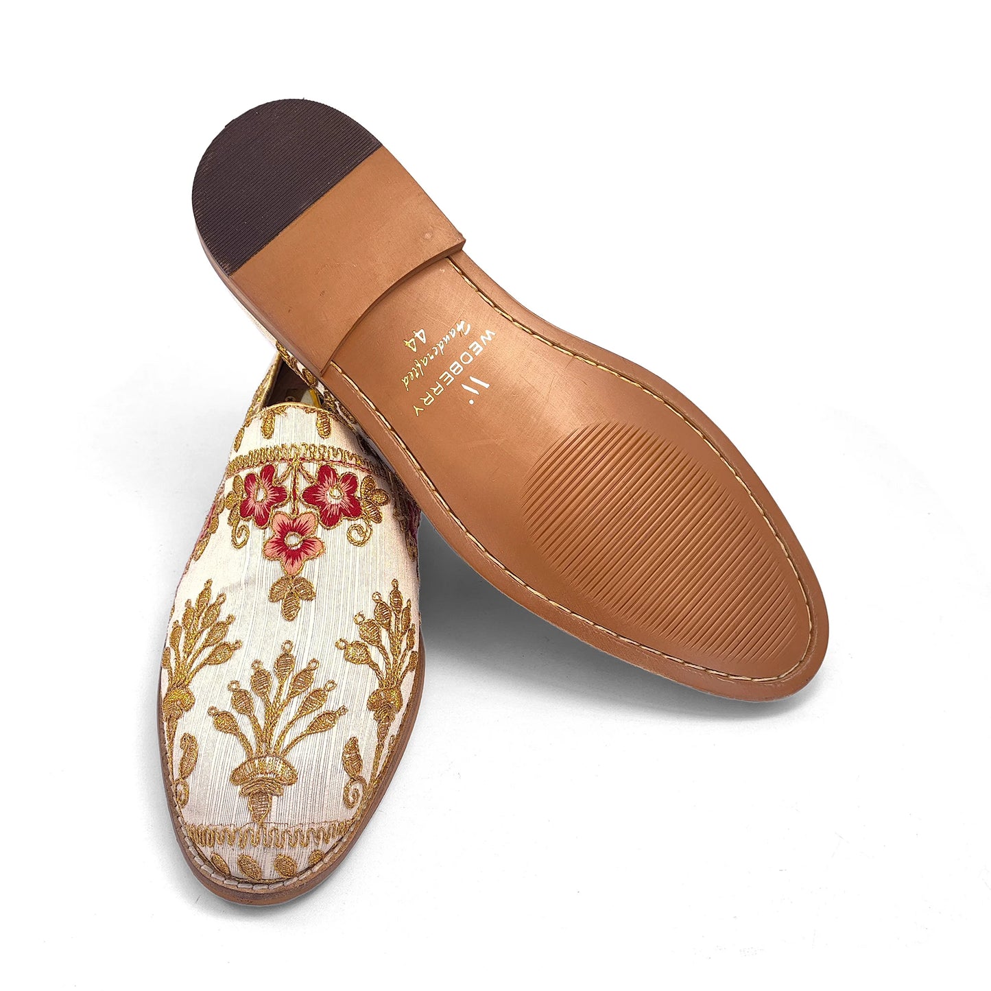 Biege Gold and Cherry Embroidery Loafer Mojari Slipon for Men