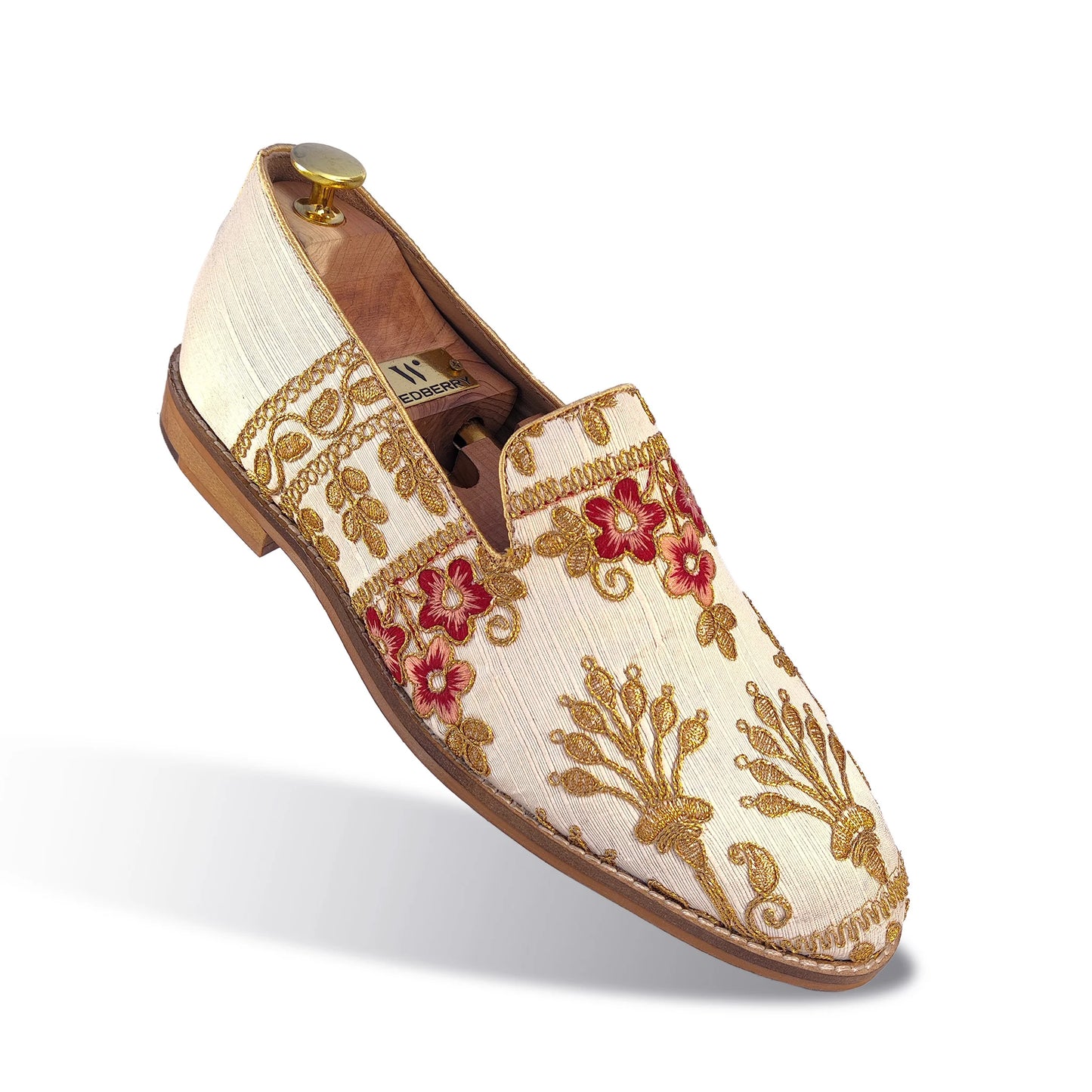 Biege Gold and Cherry Embroidery Loafer Mojari Slipon for Men