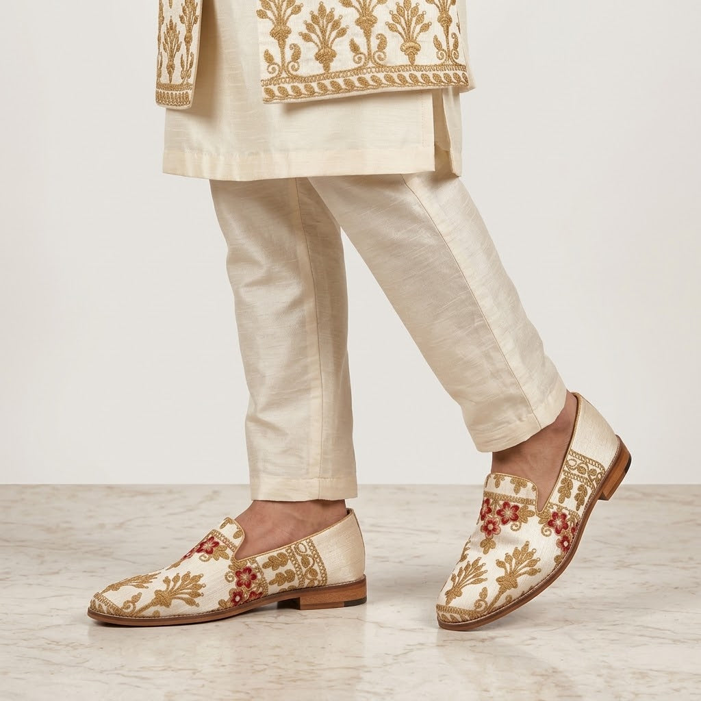 Biege Gold and Cherry Embroidery Loafer Mojari Slipon for Men